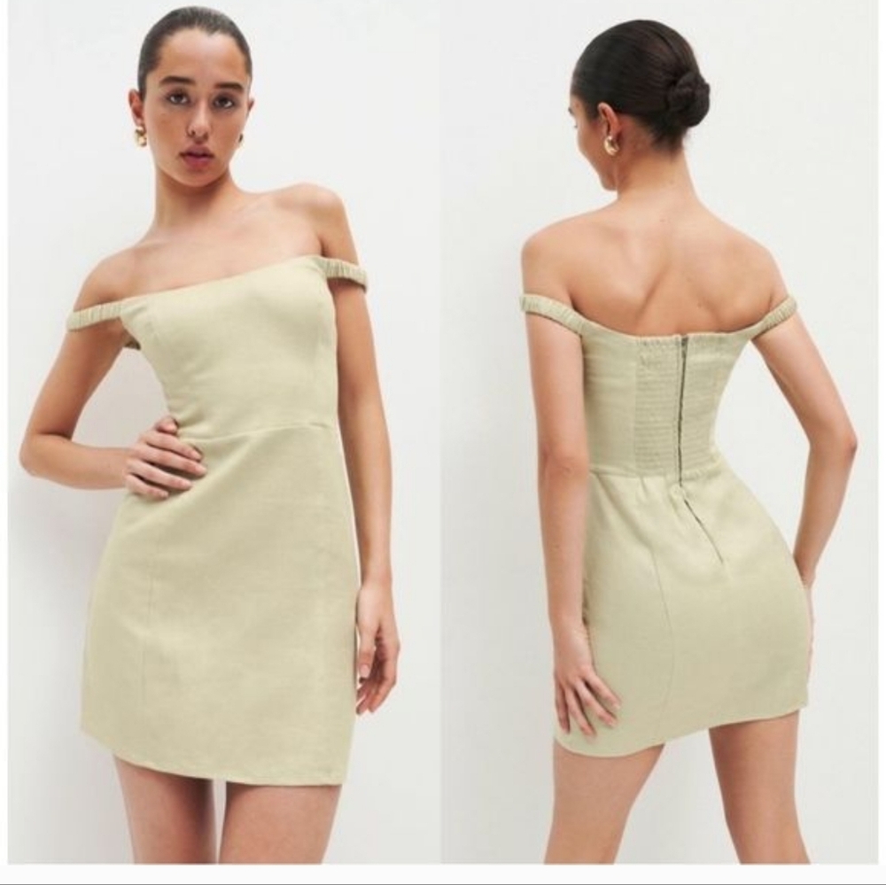 Reformation Sawyer Linen Dress Mini Dried Herbs Sage Green Size 6 NWT - Picture 2 of 10